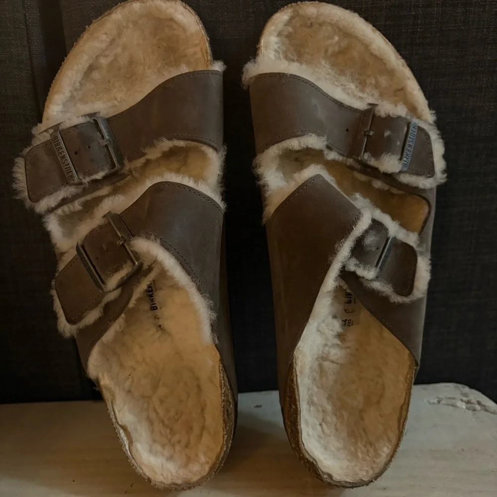 Birkenstock Arizona Shearling Suede Leather Stone Iron Sandals Sz. 44 US 11-11.5